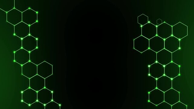 Dark tech background with neon hexagonal molecular network frames animation