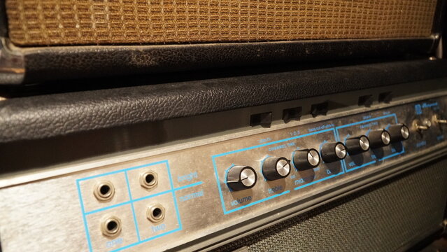 Guitar amplifier knobs detail in studio. amplifier sound system and music studio for production.