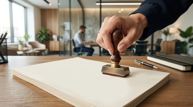 Hand stamping partnership agreement document with approved stamp signifying business deal closing and successful collaboration.