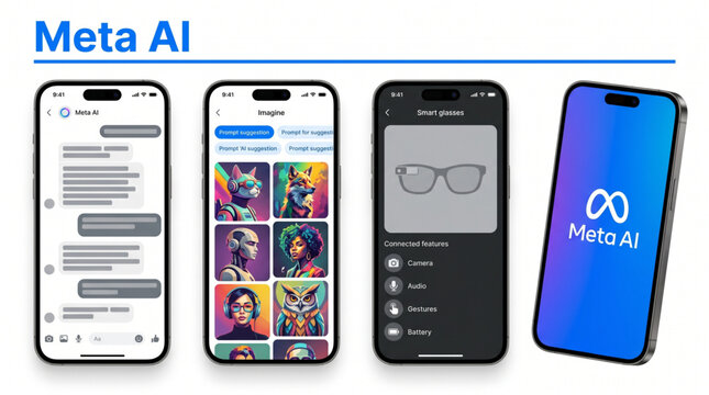 2026 Meta AI mockup interface template. Mobile app design for chat assistant, image generation and smart glasses settings. Smartphone screen UI frame for social network technology illustration.
