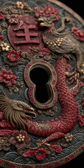 Obraz premium Close-up Detail of Ornate Antique Japanese Sword Guard Tsuba with Intricate Carvings and Red Accents