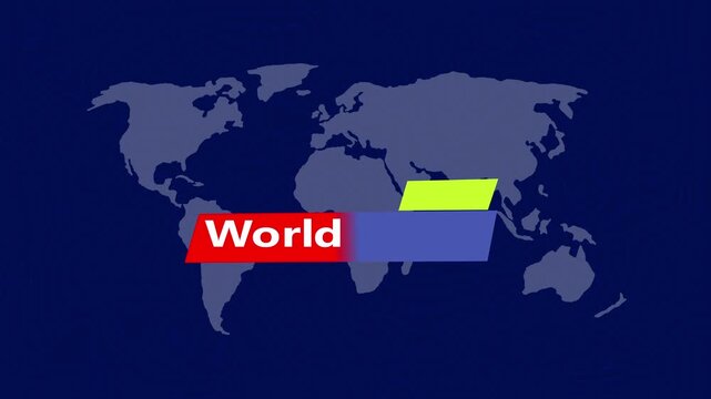 World map silhouette on deep background with news-style colorful lower-third graphic animation