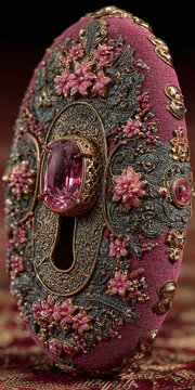 Close-up detail of ornate Japanese sword guard tsuba with floral engravings and patina texture