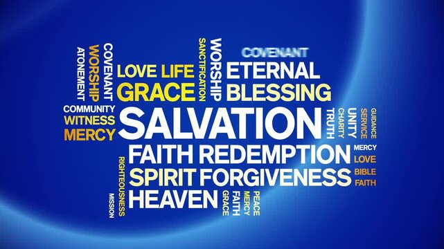 Salvation animated word cloud-text design animation tag kinetic typography seamless loop.
