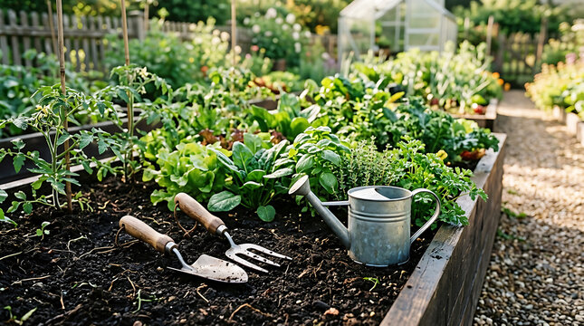 Gardening tools and lush vegetables in a vibrant raised garden bed with a greenhouse in the background