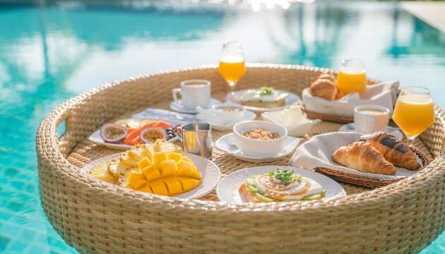 Close Up of Floating Breakfast in Tropical Resort Pool
