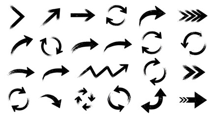 Fototapeta premium Hand drawn brush stroke arrow set, black ink grunge pointers and direction symbols, 24 textured vector icons for infographic design and web navigation