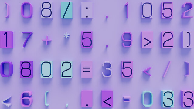 Vibrant 3D Arrangement of Colorful Geometric Shapes Featuring Numbers and Symbols in Shades of Purple, Pink, and Blue on Gradient Background for Educational and Design Applications