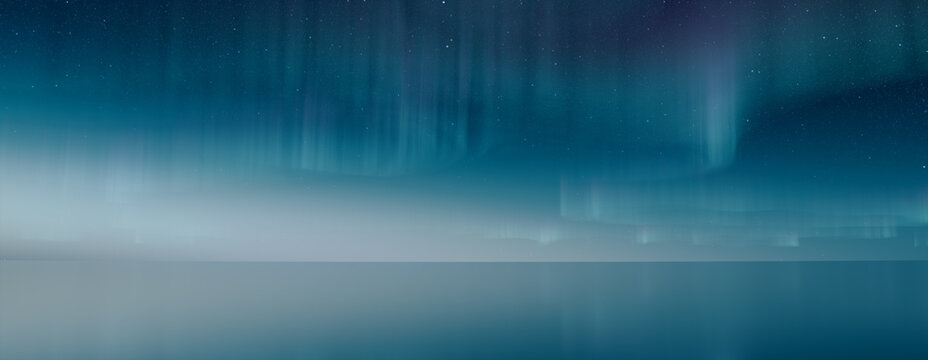 Northern Lights Background. Blue Aurora Sky reflected in Water with copy-space. 