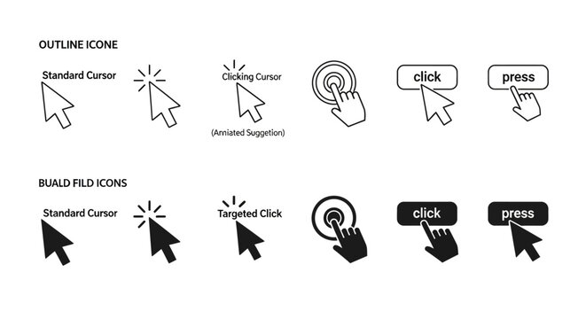 Computer cursor icon set with 12 outline and solid black elements. Mouse pointer clicking icons for web design. Interactive interface buttons and arrow symbols.