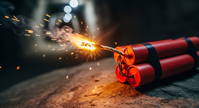 Red Dynamite Sticks with Burning Fuse Sparking on Dark Surface