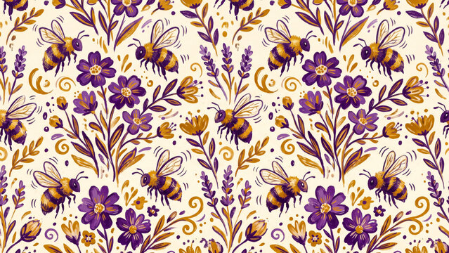 doodle style repeating tile of heavy brush strokes outlining buzzing honey bees and bright blossoms in rich gold and violet tones whimsical sweet beekeeping surface pattern