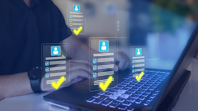 CV review and hiring approval process displayed on digital interface. Business recruitment workflow with employee applications. 