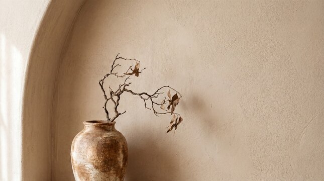 Wabi-sabi ceramic vase with dried branch against textured warm beige plaster arch wall