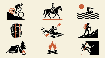 Fototapeta premium Minimalist outdoor adventure and extreme sports icons set featuring hiking, climbing, biking, kayaking and camping, illustrating active lifestyle branding and tourism promo designs