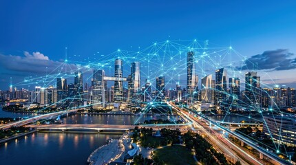 Obraz premium Futuristic city skyline at dusk with digital connectivity and network technology in urban space