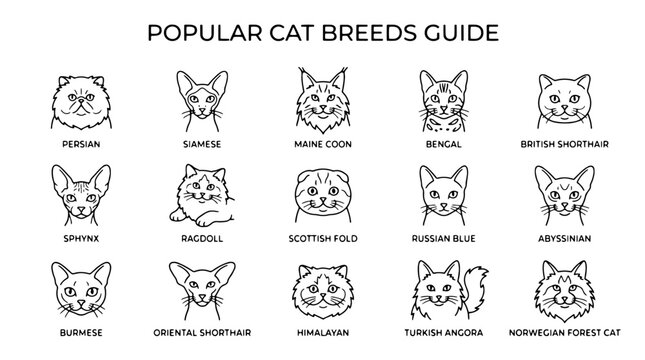 Popular cat breeds guide, cat illustrations, feline icons, vector graphics