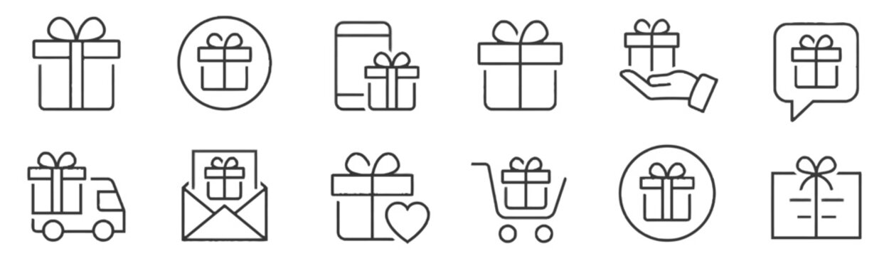 Gift and Present Icon Set, Outline Style Vector Graphics