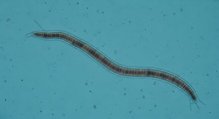 Obraz premium Translucent Segmented Aquatic Worm Curving Under Microscope on Blue Background