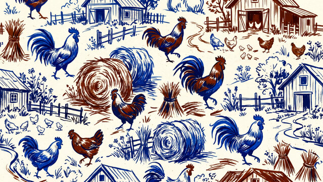 bold ink brush stroke pattern showing strutting roosters and hay bales in vibrant cobalt blue and burnt sienna hues rustic traditional poultry farm wallpaper seamless repeat