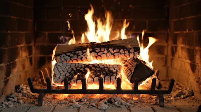 Crackling fireplace logs burning with warm orange flames and glowing embers in a cozy hearth during winter evening