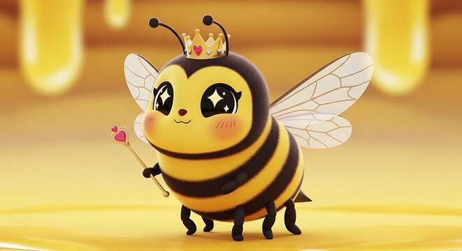 Cute Cartoon Queen Bee Holding Heart Wand in Golden Honey Scene