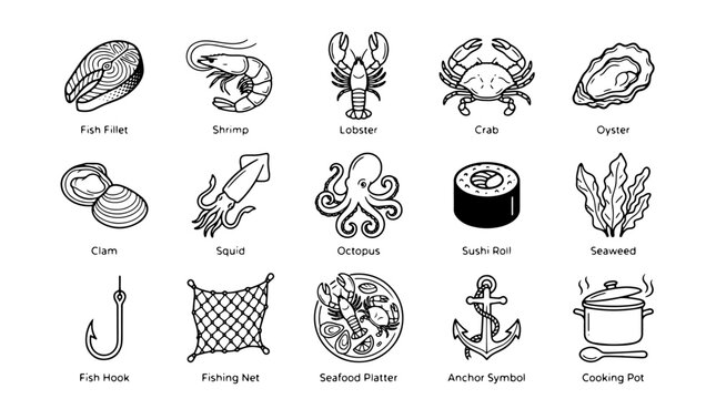 Seafood icons, fishing symbols, seafood signs, ocean food illustrations, 20 marine elements