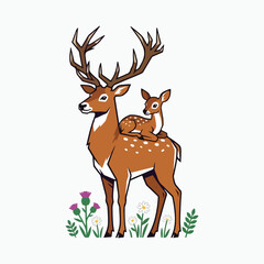 Fototapeta premium Mother deer and kid on top vector illustration