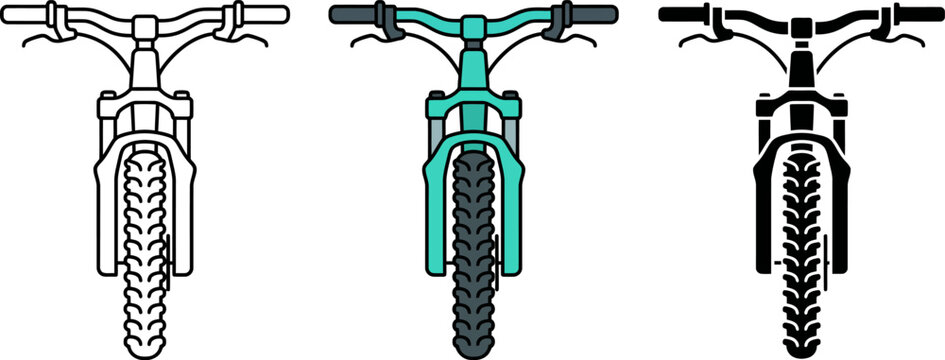 Mountain bike front forks and handlebars set in line art color and silhouette styles