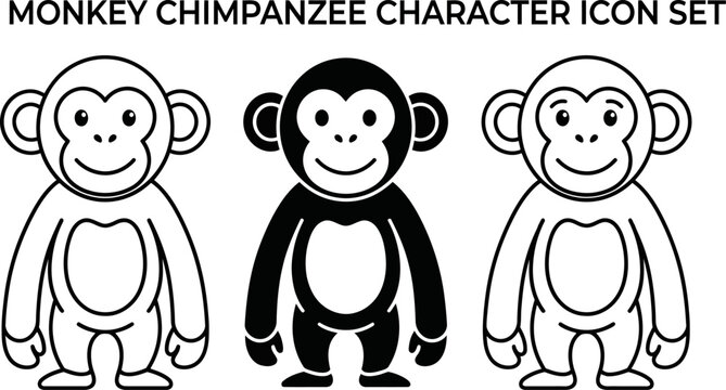 Monkey chimpanzee character icon set three variations in black and white line art