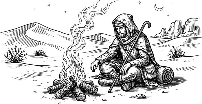 Wizard with staff silhouette against a white background stylized monochrome illustration