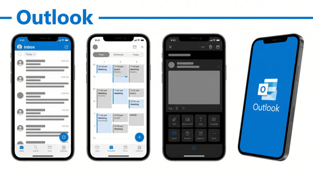 2026 Outlook mockup mobile app interface template. Outlook email inbox, calendar schedule, and dark mode message compose views in smartphone screen display. Outlook app frame ui template design.
