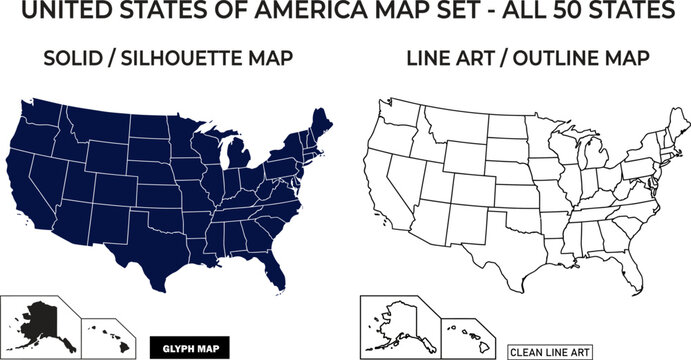 United states map collection solid silhouette and clean line art all 50 states