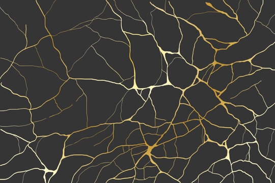 Black marble surface with golden kintsugi repair lines. Cracked stone texture with elegant gold patterns for luxury posters, modern cards and decorative backgrounds. Vector
