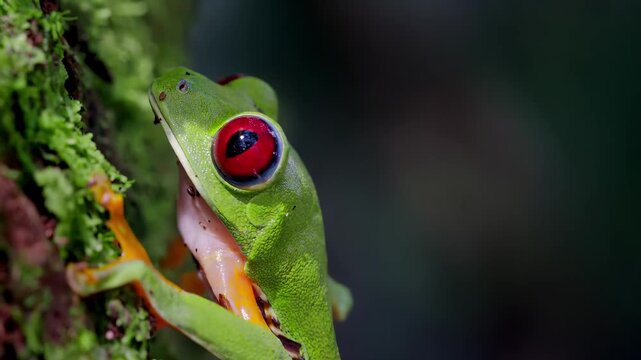 Close-up of a vibrant red-eyed tree frog clinging to a mossy branch in lush jungle