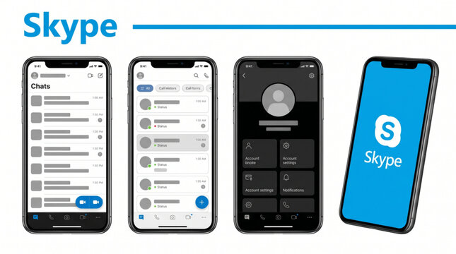 2026 Skype mobile App interface template. Skype mockup social media template. Messenger mockup phone UI screen display. Chat, Call, Profile, Settings screens in smartphone frame. Blue brand logotype