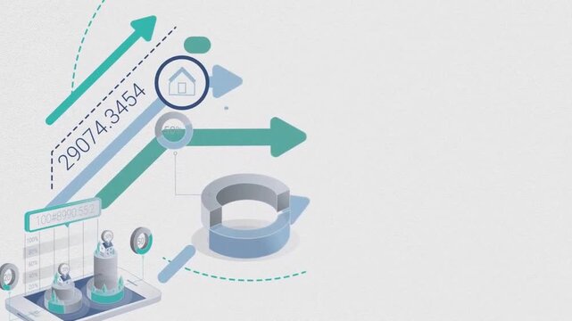 Corporate business infographic animation with data charts, growing financial arrows, and editable corporate icons on white background.