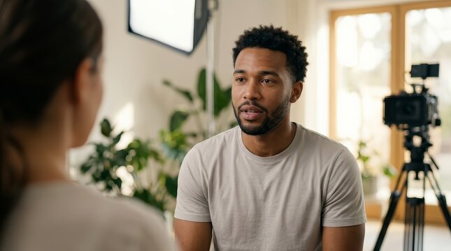 A cinematic documentary scene showing an intimate interview setup with natural lighting and a camera.
