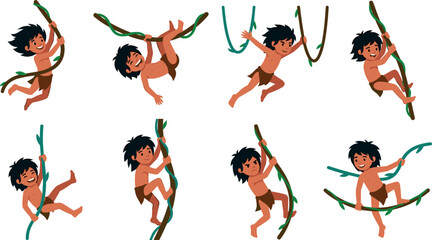 Jungle Boy Character Set Swinging and Climbing on Tropical Vines for Adventure Kids Book Illustrations, Animated Cartoon Design Elements, and Vector Graphics