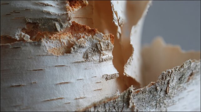 A close-up view of a birch tree's peeling bark with a rough texture