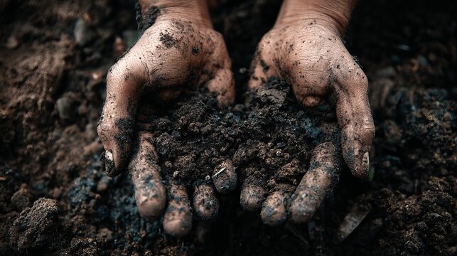 A pair of dirty hands holding a handful of soil and earth
