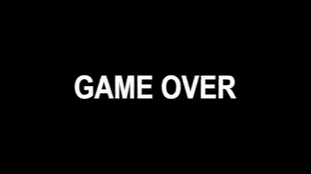 Game over text animation glitch effect on black background. retro video game arcade console loss screen aesthetic