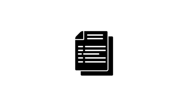 Animated minimalist document flat icon showing text lines appearing on paper pages, concept of digital data storage, filing, and reporting on white background, with 4k video animation.