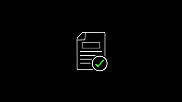 Animated white line icon of a document sheet filling with text and a green checkmark icon appearing, concept of approved contract, agreement, or successful validation on black background.