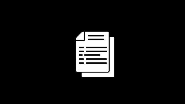 Animated minimalist document flat icon showing text lines appearing on paper pages, concept of digital data storage, filing, and reporting on black background, with 4k video animation.