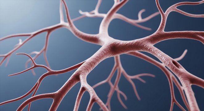 Close-up 3D rendering of a complex synthetic vascular network, showcasing intricate branching patterns against a deep blue background.