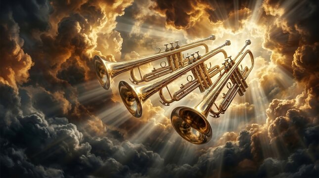 The arrival of the King of Kings signaled by heavenly trumpets on judgment day.
