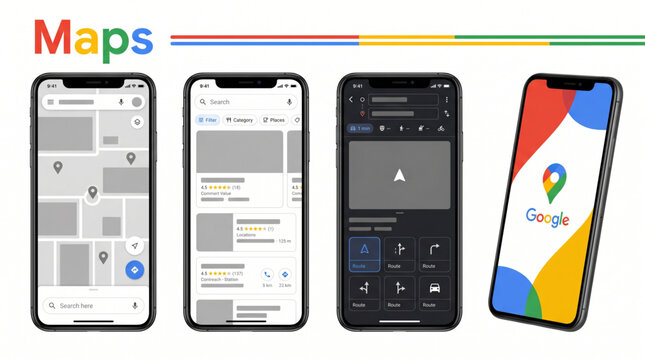 2026 Google Maps mockup social media template. Google map mobile app interface template. Navigation screen mockup on smartphone display. Map search, location, route planning, and dark mode UI layout.