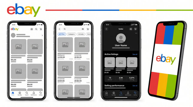 2026 eBay mockup marketplace mobile app interface template. E-commerce application layout showing home, bidding, search, seller profile, active listings, and splash screen on iOS smartphone display.