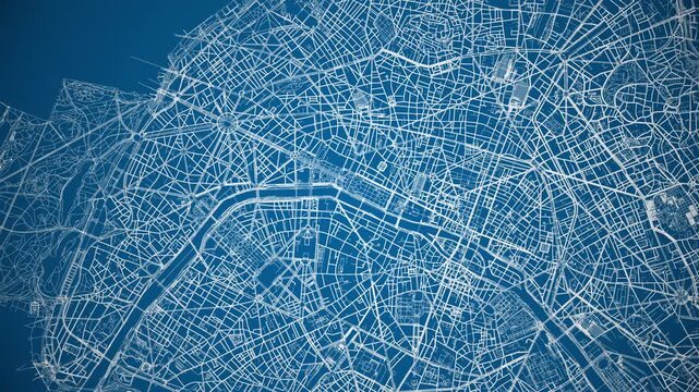 Ink reveal animation of Paris, &Icirc;le de France, France grid map. Aerial top view. Blueprint style. White lines with blue background. 4K Seamless loop.